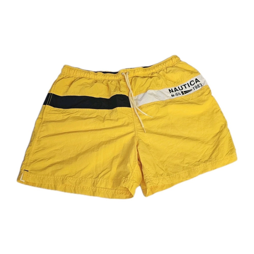 Nautica 83 Swim Trunks Mens‎ XL Blue Yellow Drawstring Lined Pockets Shorts EUC